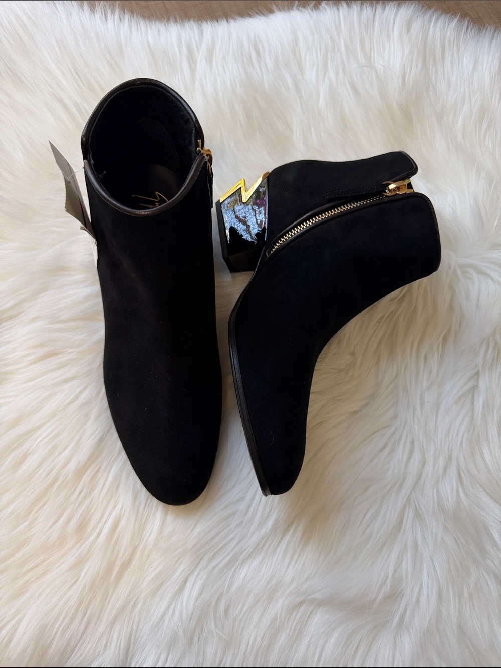 Giuseppe Zanotti black Suede Ankle Boots with Gold Accent Heel